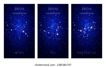 Set of three cards with Signs of the Zodiac, astrological constellations and hand drawn lettering against the starry sky. Collection of the Fire elements: aries, leo, sagittarius. Vector illustration.