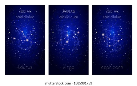 Set of three cards with Signs of the Zodiac, astrological constellations and hand drawn lettering against the starry sky. Collection of the Earth elements: taurus, virgo, capricorn. Vector.