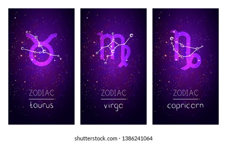 Set of three cards with Signs of the Zodiac, astrological constellations and hand drawn lettering against the starry sky. Collection of the Earth elements: taurus, virgo, capricorn. Vector.