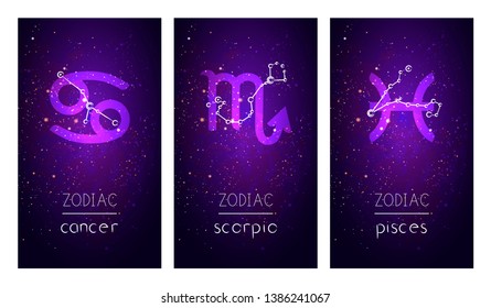 Set of three cards with Signs of the Zodiac, astrological constellations and hand drawn lettering against the starry sky. Collection of the Water elements: cancer, scorpio, pisces. Vector illustration