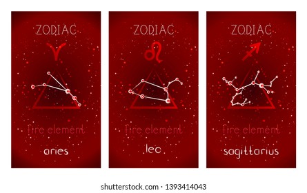 Set of three cards with Signs of the Zodiac, astrological constellations and hand drawn lettering on abstract background. Collection of the Fire elements: aries, leo, sagittarius. Vector illustration.