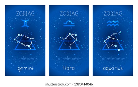 Set of three cards with Signs of the Zodiac, astrological constellations and hand drawn lettering on abstract background. Collection of the Air elements: gemini, libra, aquarius. Vector illustration.
