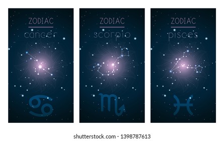Set of three cards with Signs of the Zodiac, astrological constellations and abstract geometric symbol against the starry sky. Collection of the Water elements: cancer, scorpio, pisces. Vector illustr