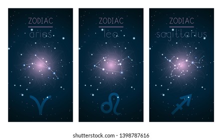Set of three cards with Signs of the Zodiac, astrological constellations and abstract geometric symbol against the starry sky. Collection of the Fire elements: Aries, Leo, Sagittarius. Vector illustra