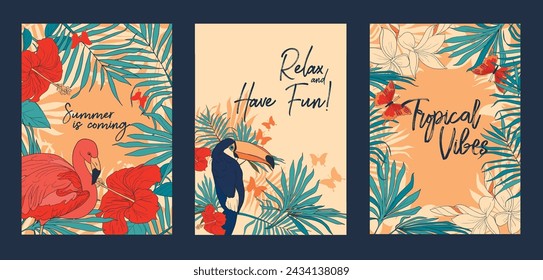 Set of three cards with tropical birds and plants, can be used as summer party invitation, vector illustration