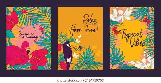 Set of three cards with tropical birds and plants, can be used as summer party invitation, vector illustration