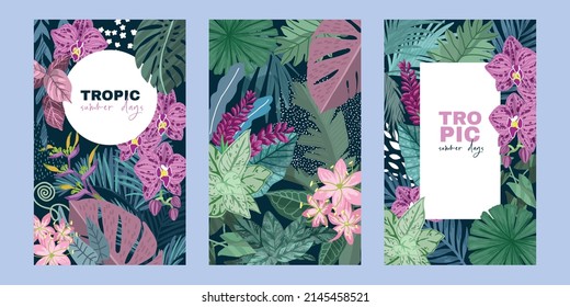 Set of three cards with tropical leaves and flowers, hand drawn vector art