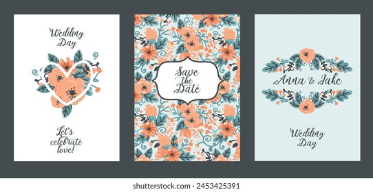Set of three cards for wedding day, floral decoration, vector illustration