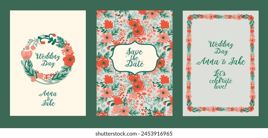 Set of three cards for wedding day, floral poppy and peony decoration, vector illustration