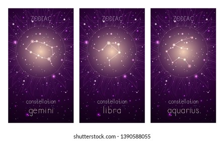 Set of three cards with Zodiac constellations and abstract geometric symbol against the starry sky. Collection of the Air elements: gemini, libra, aquarius. Vector illustration.
