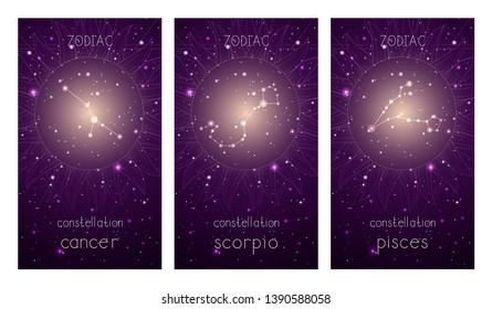 Set of three cards with Zodiac constellations and abstract geometric symbol against the starry sky. Collection of the Water elements: cancer, scorpio, pisces. Vector illustration.