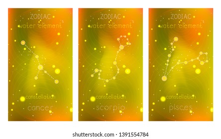 Set of three cards with Zodiac constellations and geometric symbol against abstract background with stars. Collection of the Water elements: cancer, scorpio, pisces. Vector illustration.