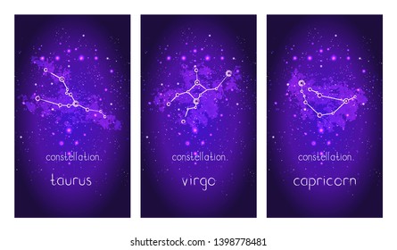 Set of three cards with Zodiac constellations and hand drawn lettering against the starry sky. Collection of the Earth elements: taurus, virgo, capricorn. Vector illustration.