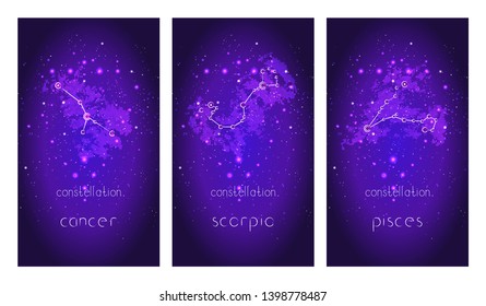 Set of three cards with Zodiac constellations and hand drawn lettering against the starry sky. Collection of the Water elements: cancer, scorpio, pisces. Vector illustration.