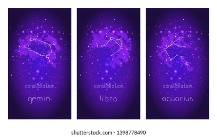 Set of three cards with Zodiac constellations and hand drawn lettering against the starry sky. Collection of the Air elements: gemini, libra, aquarius. Vector illustration.