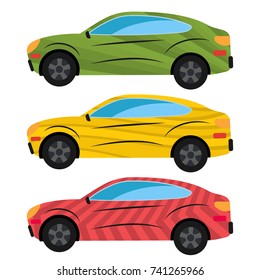 A set of three cars painted in different colors. Vector illustration