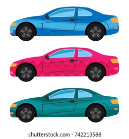 A set of three cars painted in different colors. Vector illustration