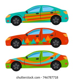 A set of three cars painted in different colors. Vector illustration
