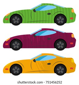A set of three cars painted in different colors. Vector illustration