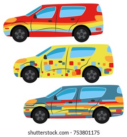 A set of three cars painted in different colors. Vector illustration