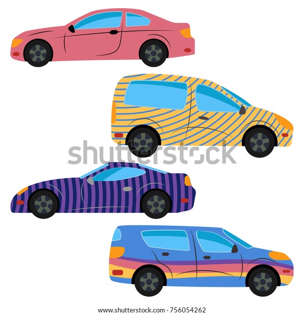 A set of three cars painted in different
colors. Vector
illustration
