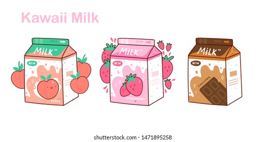 Set of three cartons of milk. Three various tastes. Chocolate, strawberry and peach. Asian product. Hand drawn colored trendy vector illustration. Kawaii anime design. Cartoon style