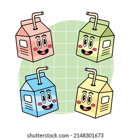 Set of three cartons of milk. Three various tastes. Chocolate, strawberry and peach. Asian product. Hand drawn colored trendy vector illustration. Kawaii anime design. Cartoon style