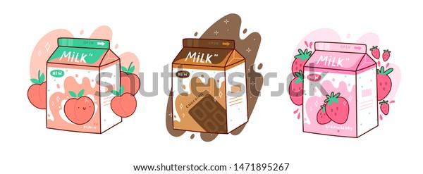牛乳3カートンのセット 三つの味 チョコレート イチゴ 桃 アジア製品 手描きの色のトレンディベクターイラスト かわいいアニメデザイン 漫画のスタイル のベクター画像素材 ロイヤリティフリー