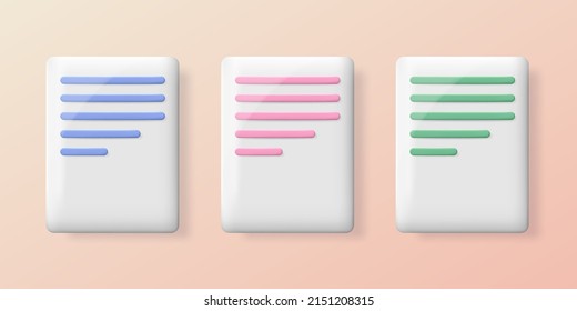 Set of three cartoon 3d rendering white papers. Vector illustration with white sheets. 3d document icons