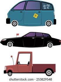 Set of three cartoon car illustration, isolated on white, EPS 8, no transparencies 