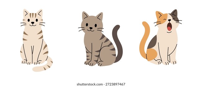 Set of three cartoon cats sitting and yawning. Flat vector illustrations of cute striped and calico felines