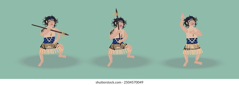 Set of three cartoon characters maori boys dancing haka in different poses with spear and tongue out