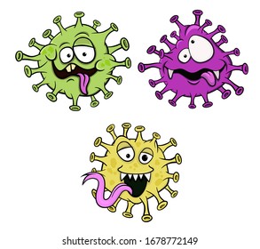 Set of three cartoon coronaviruses: green, purple and yellow. each on a separate layer. Isolated over white background. Vector. Stock illustration