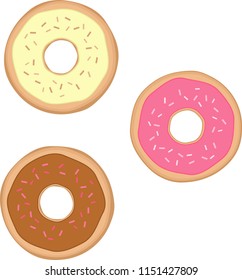 Set of three cartoon donuts with sprinkles - Includes yellow, pink, and chocolate flavors.