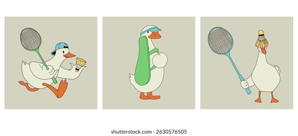 Conjunto de três Cartoon Duck Playing Badminton com Raquete e Shuttlecock