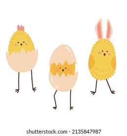 Set of three cartoon easter chicks in egg shells and with rabbit ears isolated on white background. Hunny easter characters. Flat vector hand drawn illustration.