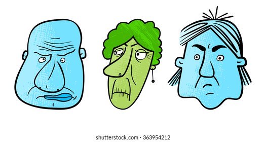 Set of three cartoon faces with an expression of negative emotions. Vector.