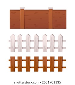 Conjunto de três cercas de desenhos animados, incluindo parede de tijolos, cerca de piquete branca e cerca de madeira marrom sobre fundo branco. Conceito de opções de barreira. Ilustração vetorial isolada no plano de fundo branco