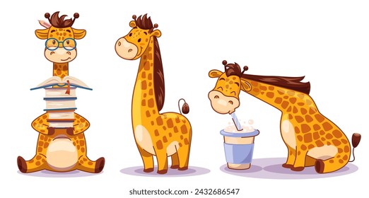  Set of three cartoon giraffes, children's vector illustration