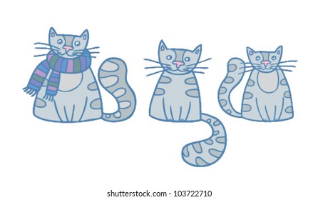 Set of three cartoon grey cats