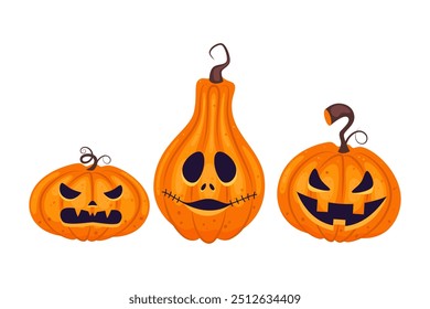 A set of three cartoon Halloween pumpkins. Horrible and cute monster grimaces.