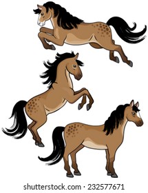 A set of three cartoon horses standing, rearing up and jumping.