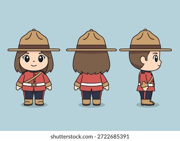 Un conjunto de tres ilustraciones de dibujos animados de un oficial de la Real Policía Montada de Canadá, que muestra vistas frontales, traseras y laterales.