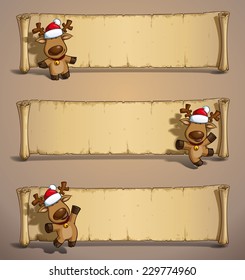 Set of three cartoon illustrations of a Santa's elk holding a gift in three poses-themes. Each pose on separate layer. All gift colors are in-place in separate groups for all poses.