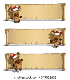 Set of three cartoon illustrations of a Santa's elk holding a gift in three poses-themes against white. Each pose on separate layer. All gift colors are in-place in separate groups for all poses.
