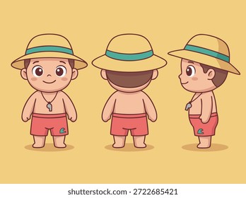 A set of three cartoon illustrations of a young boy dressed as a lifeguard, shown from the front, back, and side.