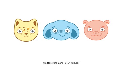 Set of three cartoon joyful cute muzzle. Happy lovely elephant, leopard and hippo faces for kids sticker or any other childish design. Funny colorful animal heads illustration svg