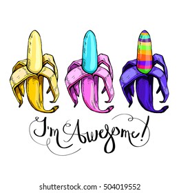 set of three Cartoon multicolored bananas and lettering awesome on a white background. Elements for design, print on t-shirt. Vector illustration