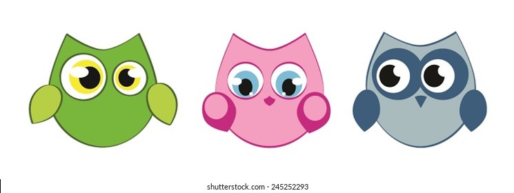 A set of three cartoon owls with different emotions/expressions.