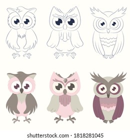 Set of three cartoon owls outlined and in color isolated on a light background, cartoon vector outlines in the form of icons.